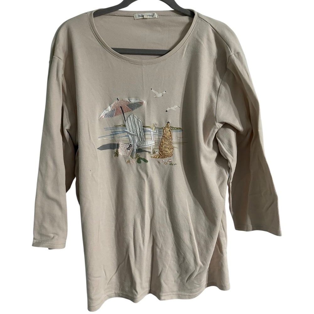Indigo Soul Beige Long Sleeve Tee with Golden Retriever at Beach Scene